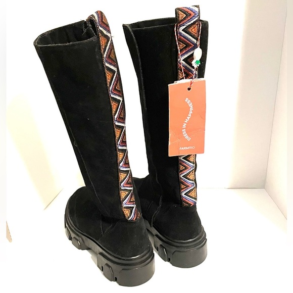 FARM Rio Shoes - Farm Rio Tall Boot Lug Sole Black Tribal Ribbon MSRP $285 NWOT Sz 7 Vegan Suede